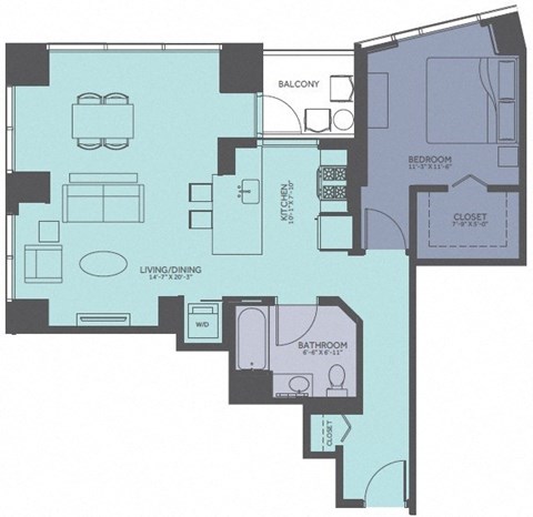Floor plan for 1 bed, 1 bath, 892 sqft